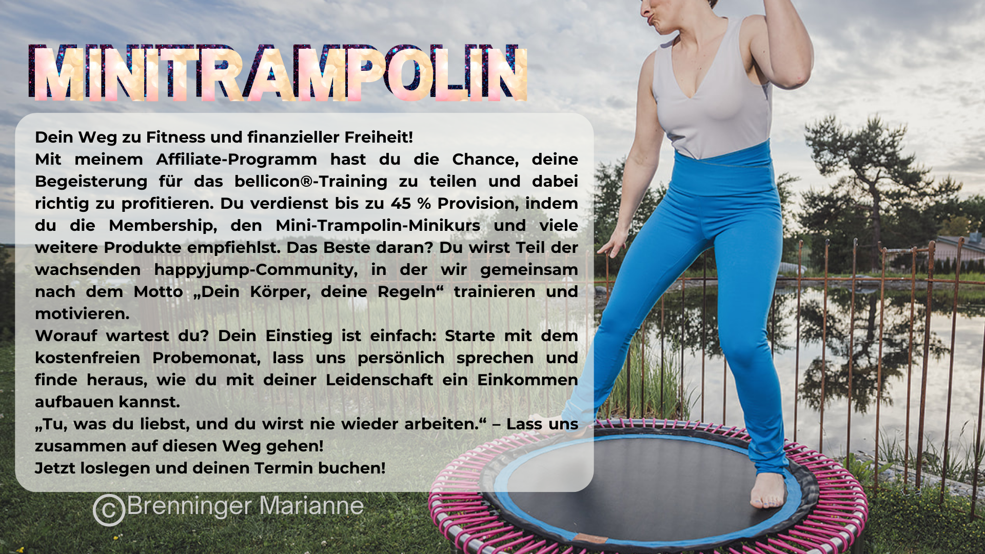 "Marianne auf dem bellicon® Mini-Trampolin – Starte dein Training, teile deine Begeisterung und erreiche finanzielle Freiheit mit der happyjump-Community."